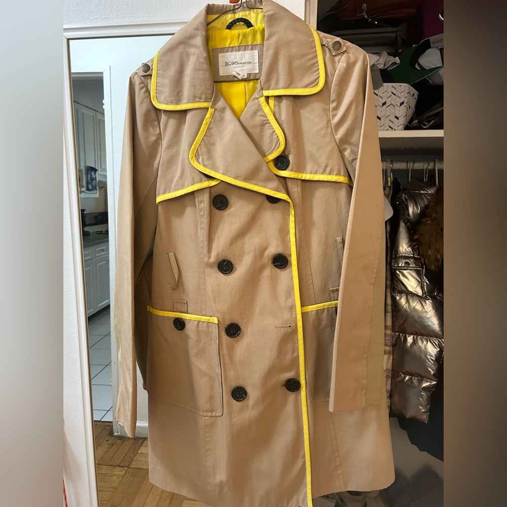 BCBG Generation trench coat with bright yellow piping.